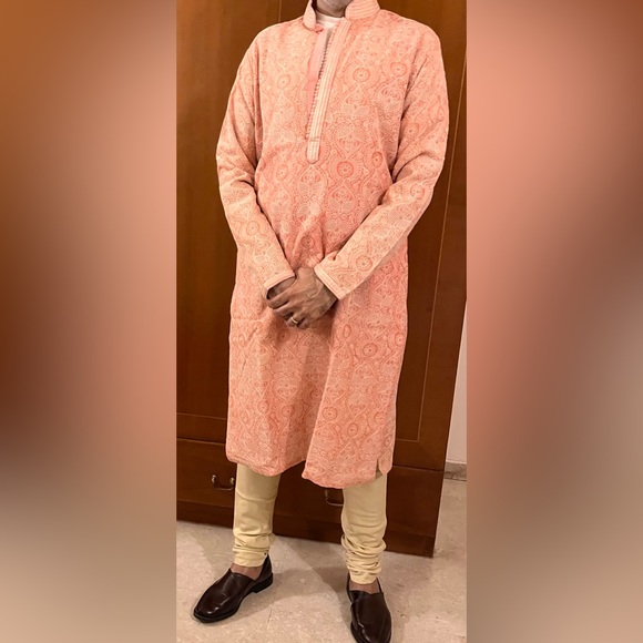Elegant Pink Kurta All Over Chikan Style Work Rich Looking Slim Fit Rich Collar - Picture 2 of 3
